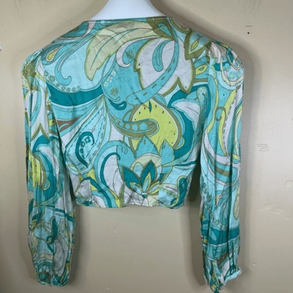 Zara Women's Paisley Crop Top Green Ruched Long Sleeve Blouse Size‎ Small 70s - Picture 12 of 12